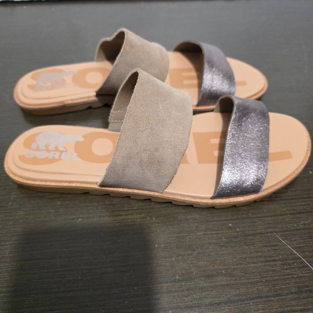 SOREL Ella II Beige Silver Suede Leather Flat Slide Sandals 8/39